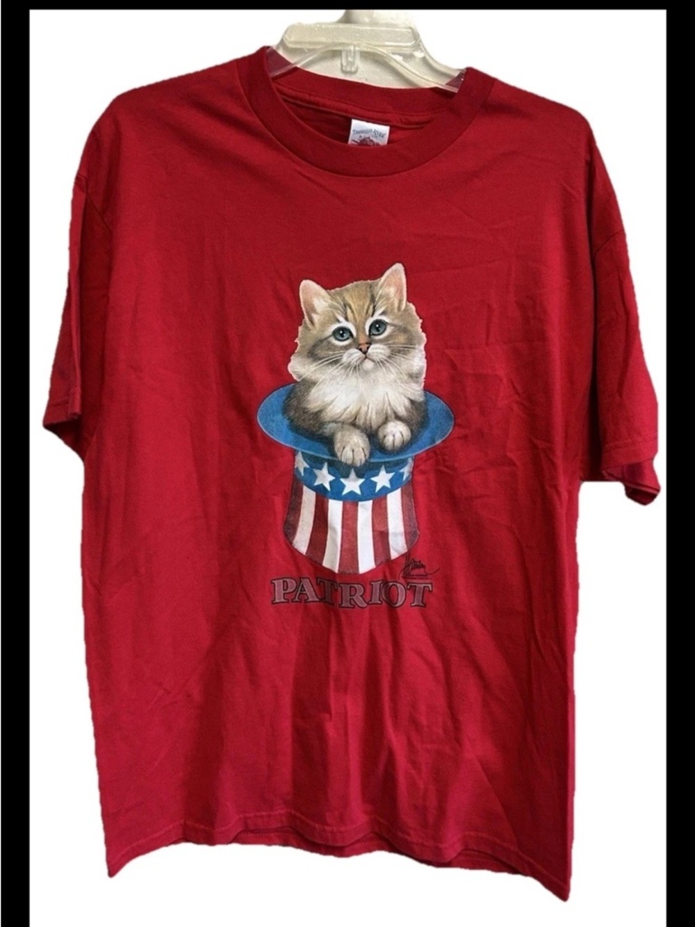 Vintage Patriotic Cat T- Shirt Size Large Red Double Stitch Unused Stock NWT